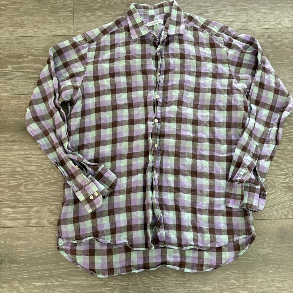 Etro Mens Multicolor Plaid Long Sleeve 100% Linen Made In Italy Shirt Size 42